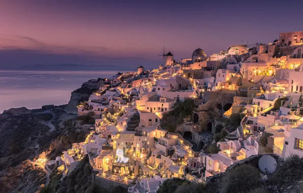 Picture the city, lights, building, home, the evening, Santorini, Greece, twilight