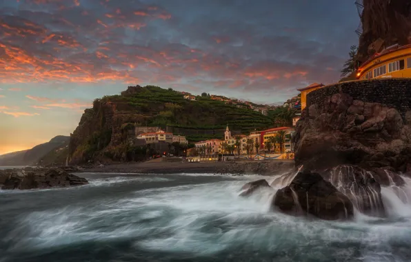 Picture landscape, the city, the ocean, rocks, home, the evening, Portugal, Madeira, Ponta do Sol
