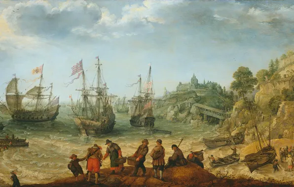 Picture oil, picture, 1621, Adam Willaerts, Корабли у Скалистого Берега, Адам Виллартс