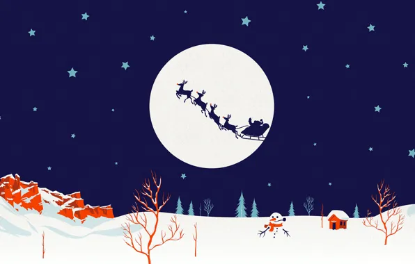 Picture winter, the moon, silhouette, Christmas, Santa, snowman, sleigh, deer