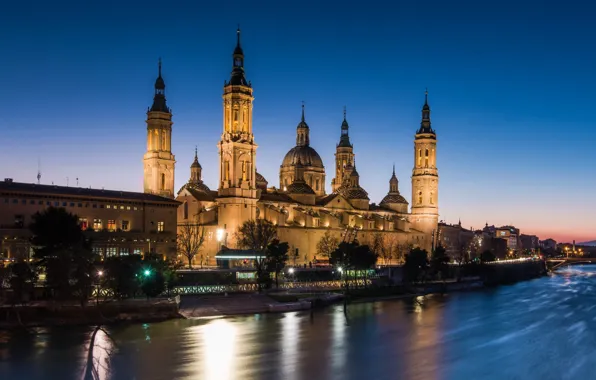 Picture night, river, Cathedral, Spain, Zaragoza, Our Lady of the Pillar, Nuestra Señora del Pilar