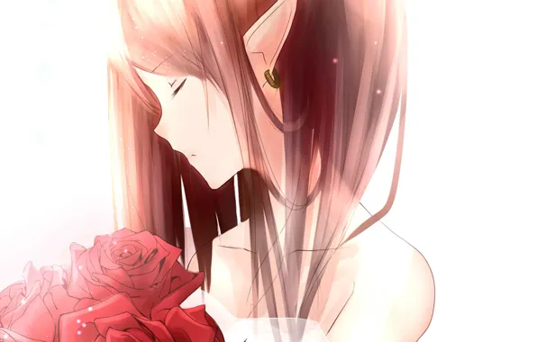 Picture red, earring, closed eyes, red roses, pointy, neck shoulders, elf girl, elphicke, bouquet of roses