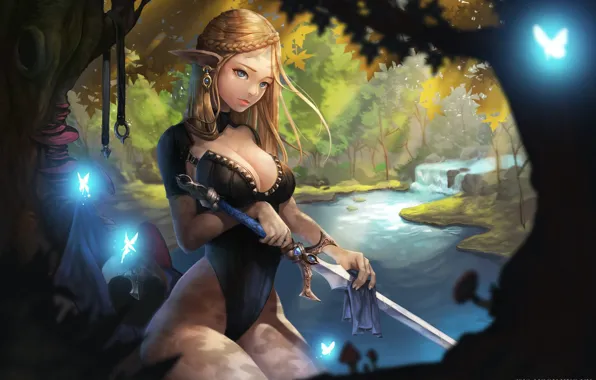 Picture girl, sword, fantasy, forest, cleavage, river, bodysuit, trees, nature, blue eyes, waterfall, artist, blonde, elf, …