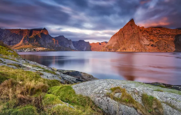 Picture sea, landscape, mountains, clouds, nature, stones, rocks, coast, Norway, The Lofoten Islands, Lofoten