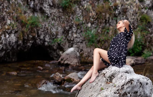 Picture girl, nature, pose, river, stones, dress, legs, bokeh, Andrea Carretta, Roxana Georgiana