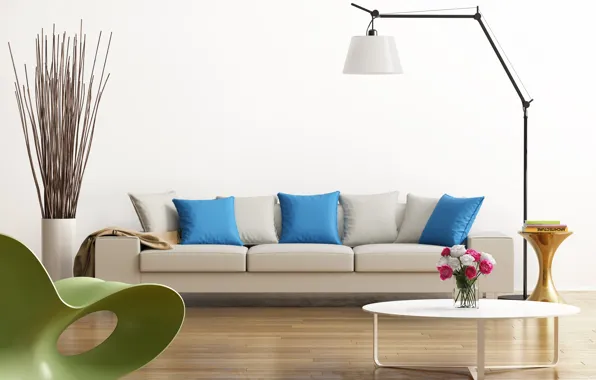 Picture design, green, grey, blue, interior, chair, pillow, table, living room, modern