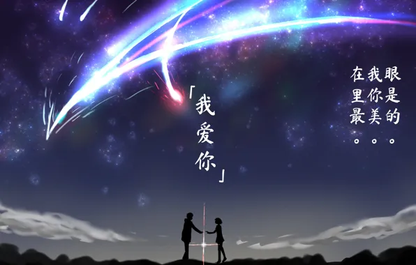 Picture girl, sunset, the evening, comet, guy, silhouettes, Your Name, Kimi No VA On