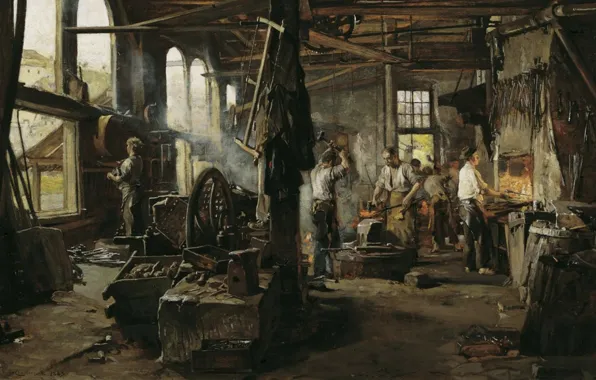 Picture picture, painting, painting, 1883, Hugo Charlemont, Interior of a Hammer Mill, Forge
