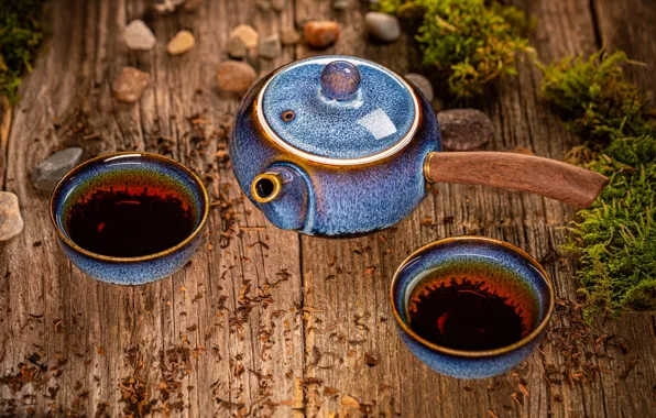 Picture blue, stones, tea, Board, moss, kettle, the tea party, Cup, welding, tea ceremony, ceramics, Asian …
