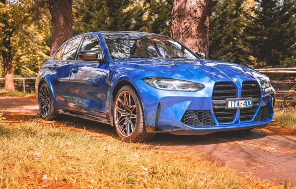 Picture BMW, Blue, Front, Autumn, Side, BMW M3, Road, Forest, G80, 2022, Right Side
