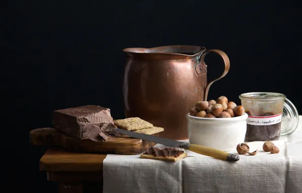 Picture chocolate, cookies, knife, pitcher, still life, hazelnuts