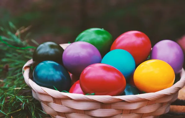 Picture basket, eggs, spring, Easter, colorful