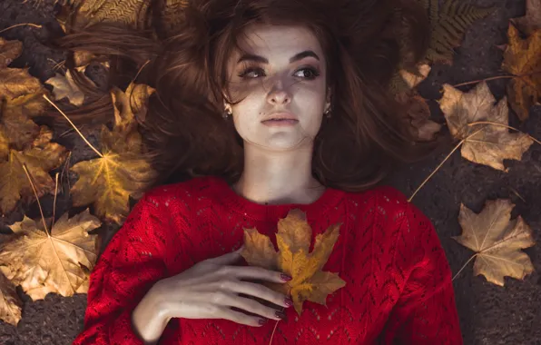 Picture autumn, girl, face, sheet, foliage, model, hair, sweater, Vadim Sadovski