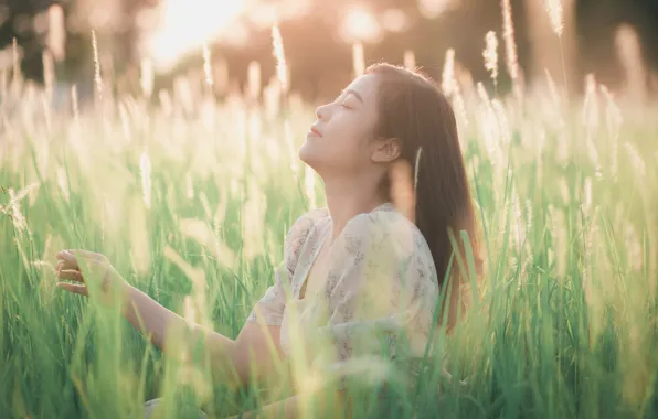 Picture field, summer, girl, light, face, mood, spikelets, Asian, bokeh, closed eyes