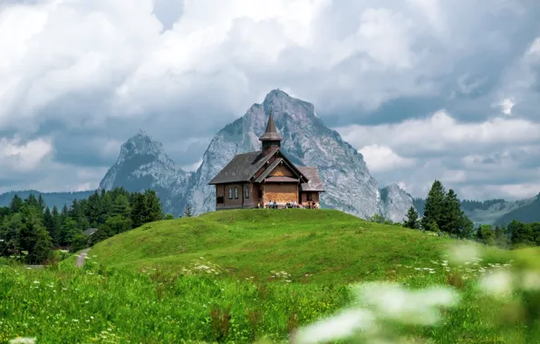 Picture clouds, Alps, Church, House, Switzerland, Alps, Switzerland, Grassland, Stoos, Bergkapelle