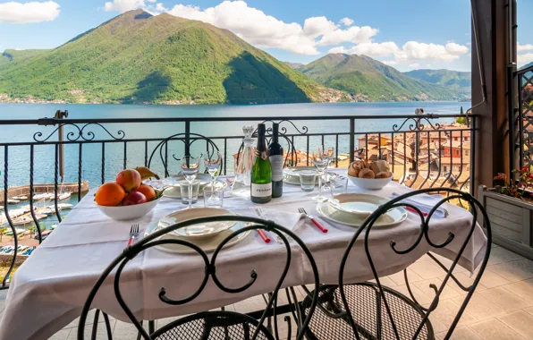 Picture mountains, the city, table, Italy, terrace, lake Como, Lake Como, вид на озеро и горы, …