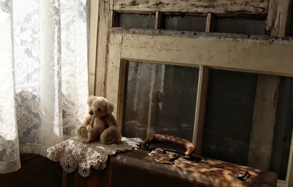Picture white, glass, light, childhood, style, retro, background, mood, toy, frame, village, bear, window, bear, curtains, …
