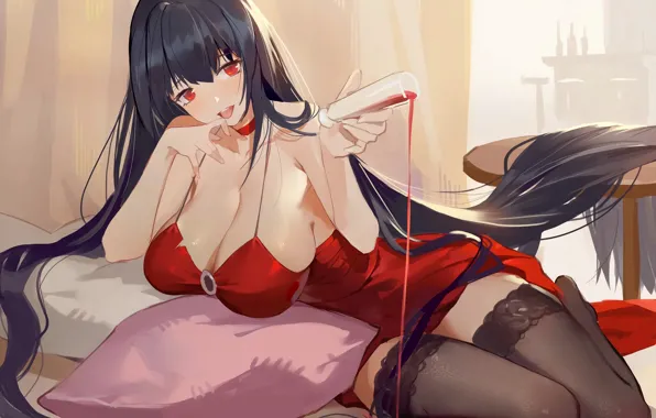 Picture girl, sexy, cleavage, thighhighs, long hair, dress, boobs, anime, beautiful, red eyes, pretty, brunette, breasts, …