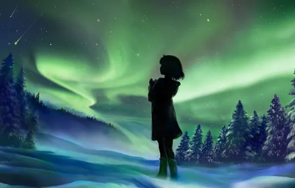Picture winter, girl, snow, night, nature, Northern lights, by 00