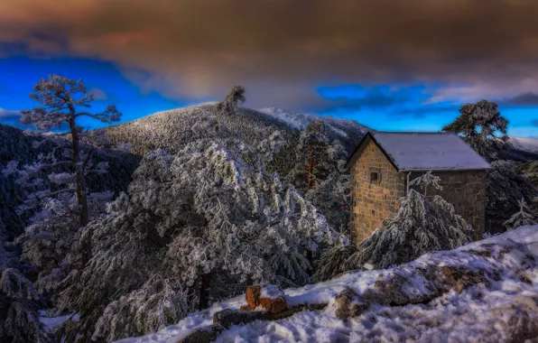 Picture snow, mountains, clouds, house, Spain