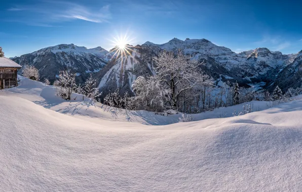 Picture winter, forest, snow, mountains, The sun, ray