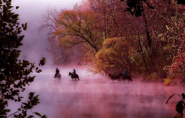 Picture autumn, fog, river, morning, riders, Missouri, National Scenic Riverways park, Ozark