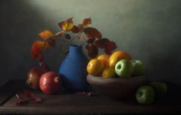 Picture branches, table, apples, bouquet, oranges, vase, fruit, still life, different, lemons, grenades, autumn leaves