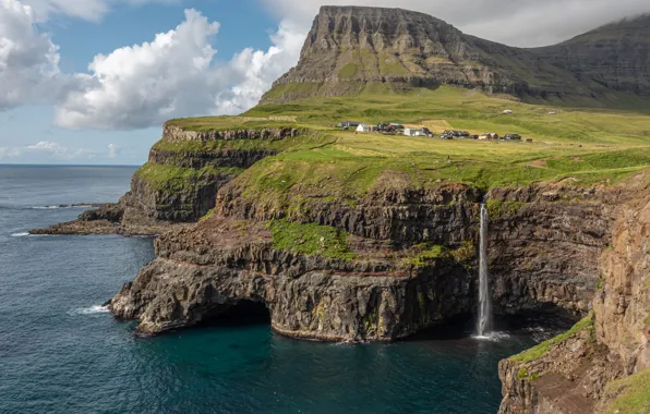 Picture photo, Nature, Waterfall, Rock, Denmark, Bay, Coast, Faroe Islands