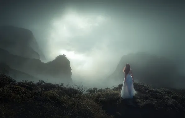 Picture girl, clouds, mountains, fog, open, mood, rocks, romance, vegetation, back, haze, white dress, rear view, …