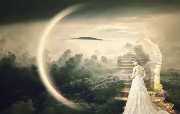 Picture girl, clouds, dreams, clouds, pose, rendering, fantasy, heaven, Paradise, dal, the portal, the atmosphere, art, …
