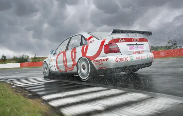 Picture Audi, Race, Water, Quattro, Side, Race car, Silver, Track, Audi A4, Rear, A4 B5, STW