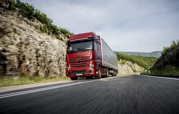 Picture road, red, Mercedes-Benz, tractor, 4x2, Actros, the trailer