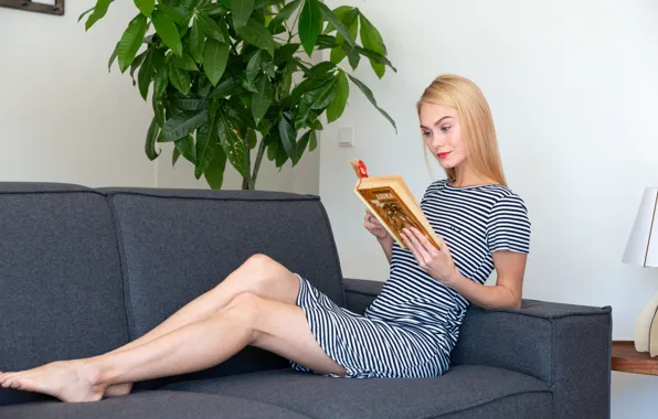 Picture long hair, hot girl, stripes, model, living room, book, plant, sexy woman, red lips, reading, …