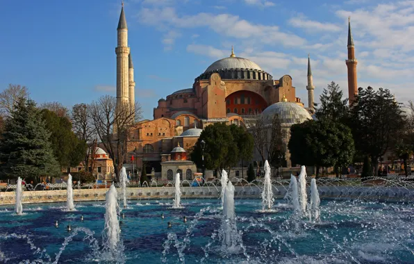 Picture the city, Cathedral, tower, fountain, architecture, Istanbul, Turkey, Hagia Sophia, Hagia Sophia