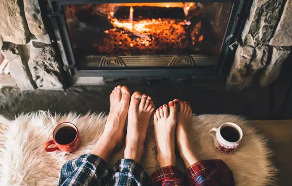 Picture heat, fire, feet, woman, coffee, Cup, male, fireplace, cozy, pajamas