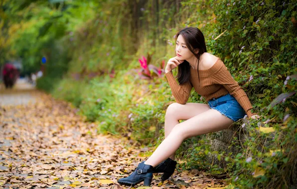 Picture leaves, pose, street, model, shorts, portrait, makeup, figure, hairstyle, brown hair, topic, legs, Asian, boots, …