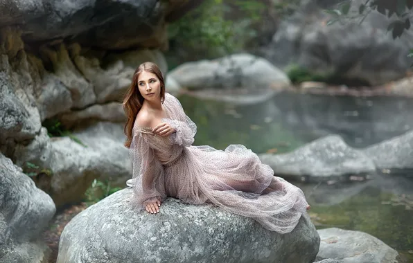 Picture look, girl, pose, lake, stones, model, dress, beautiful, Anastasia Barmina