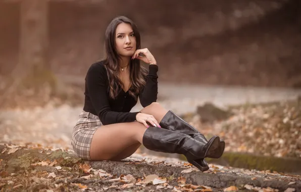 Picture autumn, look, leaves, skirt, blouse, legs, boots, sitting, Nadia