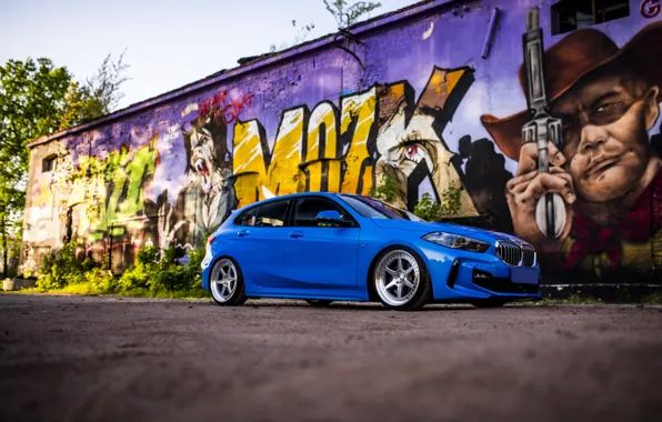 Picture BMW, Blue, Front, Graffiti, Left Side, BMW 1 Series, JR Wheels
