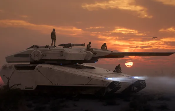 Picture Sunset, The sun, Soldiers, Art, Tank, Art, Game, Tank, Transport, Star Citizen, The crew, Crusader, …