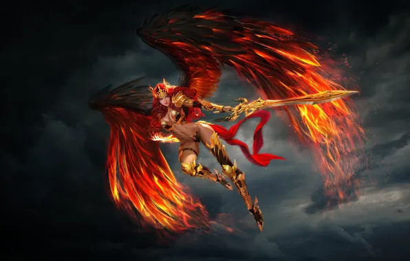 Picture Girl, Fire, Angel, Feathers, Style, Clouds, Girl, Sword, Wings, Flame, Fantasy, Sky, Fire, Art, Beautiful, …