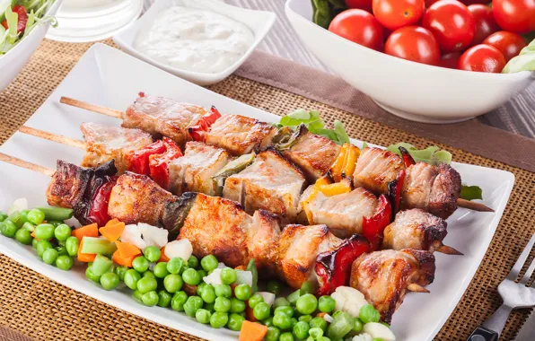 Picture polka dot, meat, vegetables, tomatoes, sauce, dish, kebabs