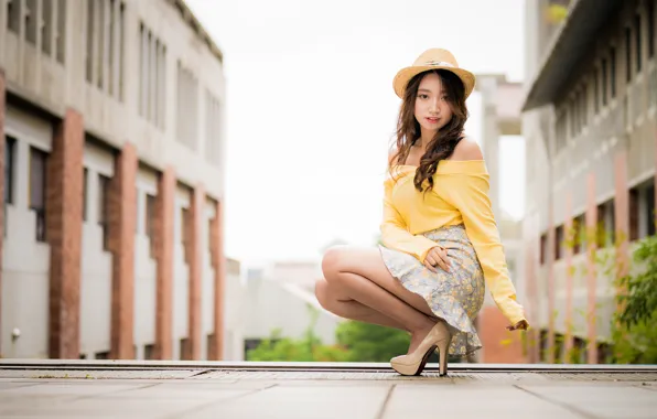 Picture look, pose, skirt, hat, shoes, blouse, brown hair, Asian, sitting, bokeh