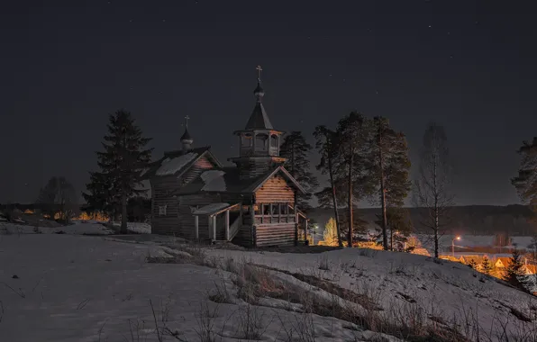 Picture winter, the sky, snow, trees, night, nature, stars, ate, village, Church, pine, Karelia, Sergei Garmashov