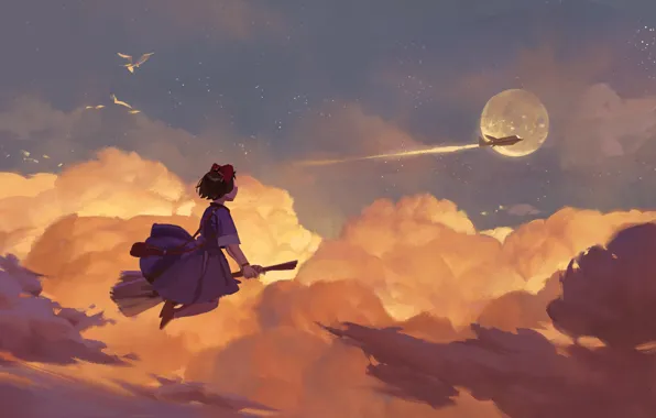 Picture the sky, girl, the plane, the moon, seagulls, fantasy, Kiki, Majo no Takkyuubin