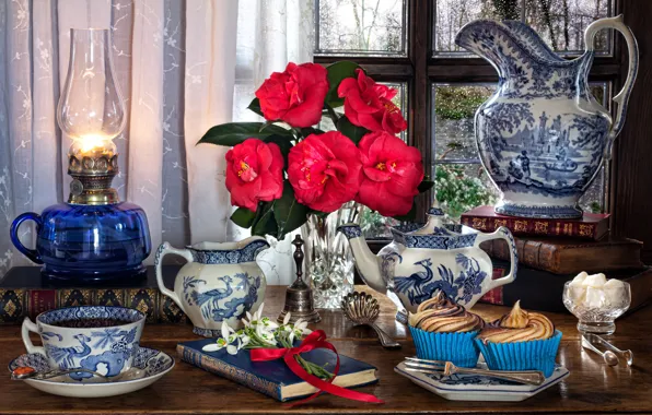 Picture flowers, style, books, lamp, kettle, window, snowdrops, Cup, pitcher, still life, cupcakes, cupcakes, Camellia