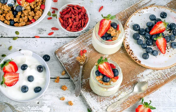 Picture berries, Breakfast, blueberries, strawberry, plate, dessert, wood, muesli, yogurt, cutting Board, granola