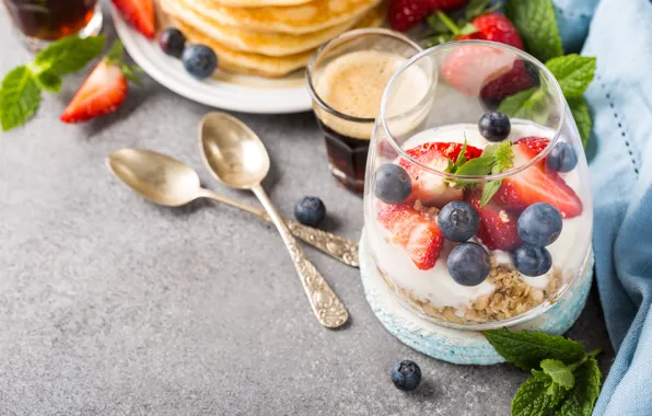 Picture berries, Breakfast, pancakes, muesli, yogurt, Iryna Melnyk