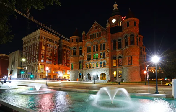 Picture road, night, lights, the building, home, lights, USA, Museum, fountains, Dallas, Old Red Museum