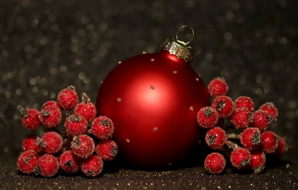 Picture winter, red, berries, the dark background, holiday, ball, ball, fruit, Christmas, red, New year, sugar, …